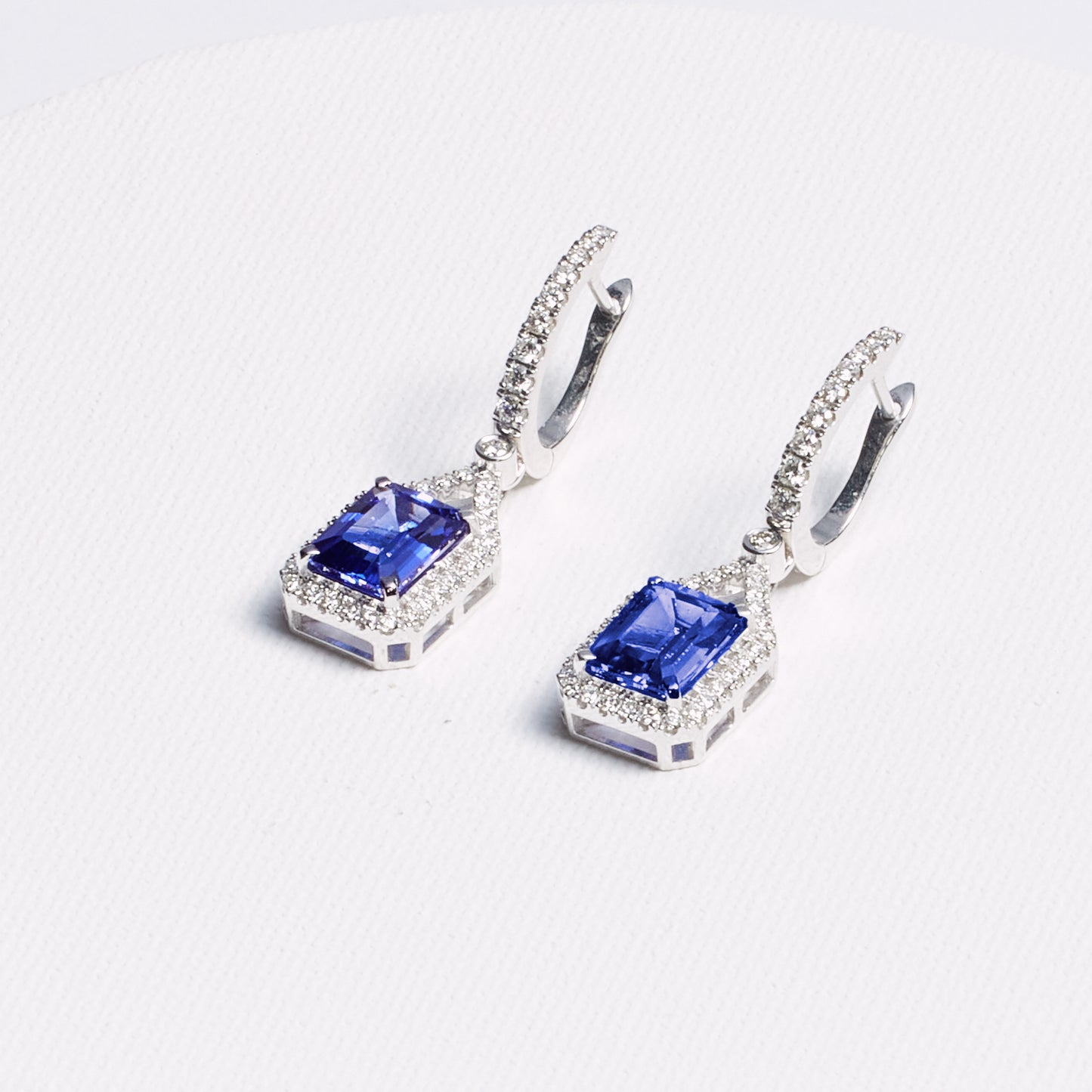 Emerald Cut Tanzanite Hanging Earrings with Diamond Accents · 4.3ct · 18K White Gold