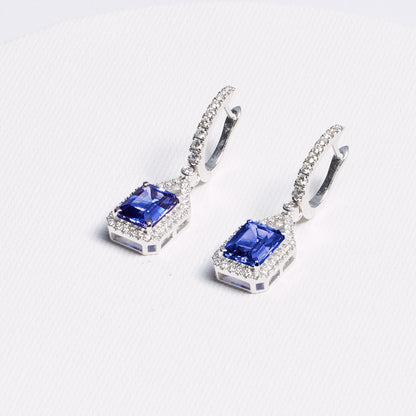 Emerald Cut Tanzanite Hanging Earrings with Diamond Accents · 4.3ct · 18K White Gold