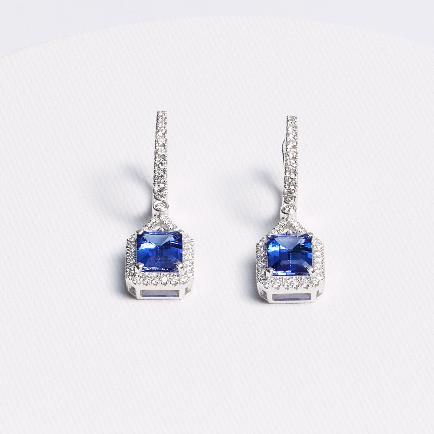 Emerald Cut Tanzanite Hanging Earrings with Diamond Accents · 4.3ct · 18K White Gold