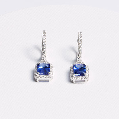 Emerald Cut Tanzanite Hanging Earrings with Diamond Accents · 4.3ct · 18K White Gold