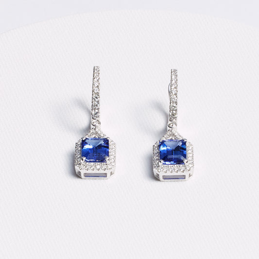 Emerald Cut Tanzanite Hanging Earrings with Diamond Accents · 4.3ct · 18K White Gold