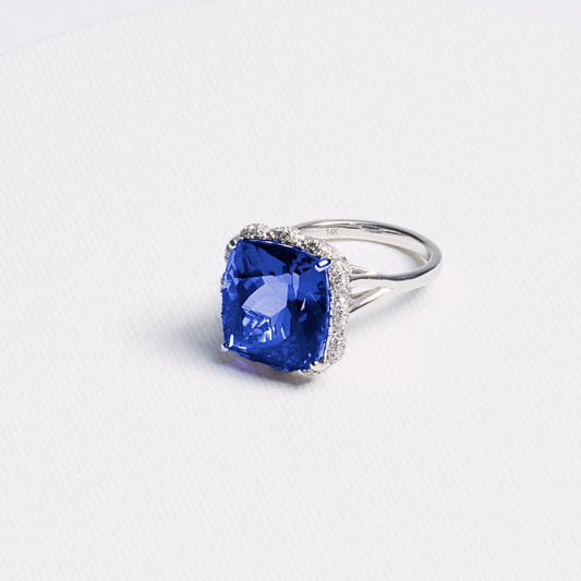 Cushion Tanzanite Halo Ring with Open Gallery · 15.33ct · 14K White Gold