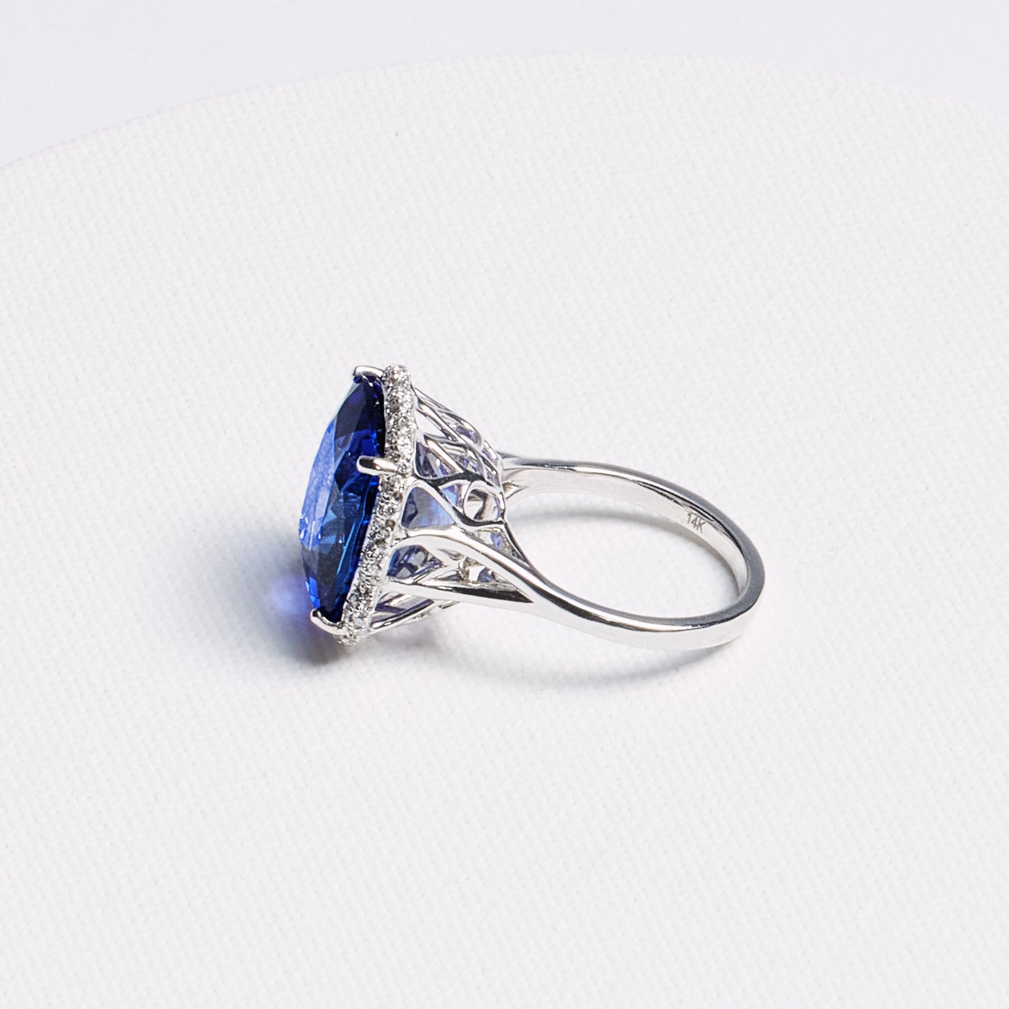 Cushion Tanzanite Halo Ring with Open Gallery · 15.33ct · 14K White Gold