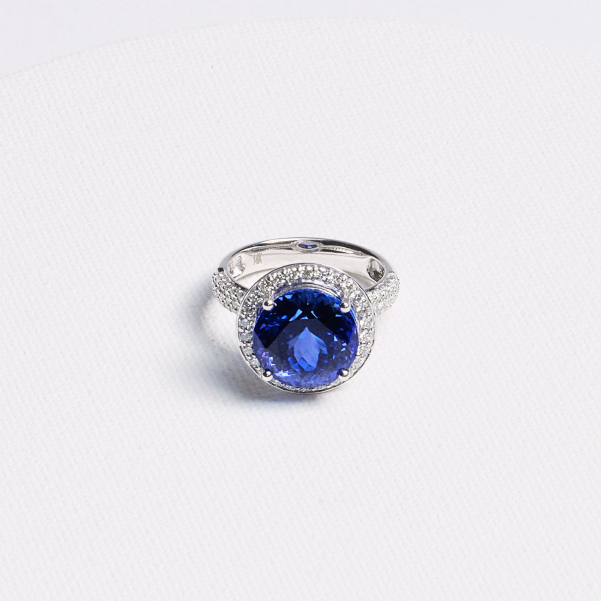 Round Tanzanite Halo Ring with Pavé Band · 8.43ct · 14K White Gold