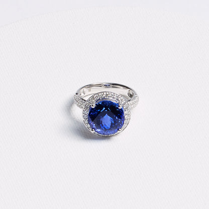 Round Tanzanite Halo Ring with Pavé Band · 8.43ct · 14K White Gold