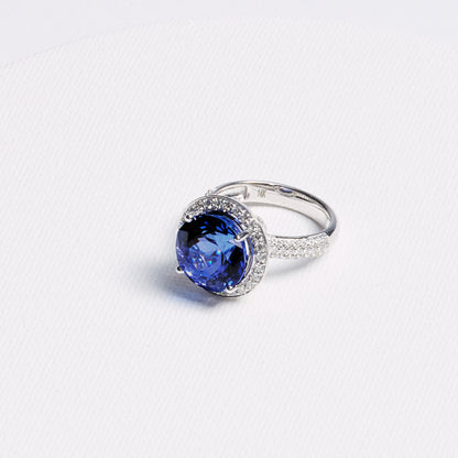 Round Tanzanite Halo Ring with Pavé Band · 8.43ct · 14K White Gold