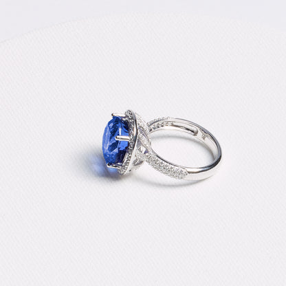 Round Tanzanite Halo Ring with Pavé Band · 8.43ct · 14K White Gold