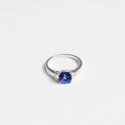 Cushion Tanzanite Ring with Diamond Accents · 1.54ct · 14K White Gold