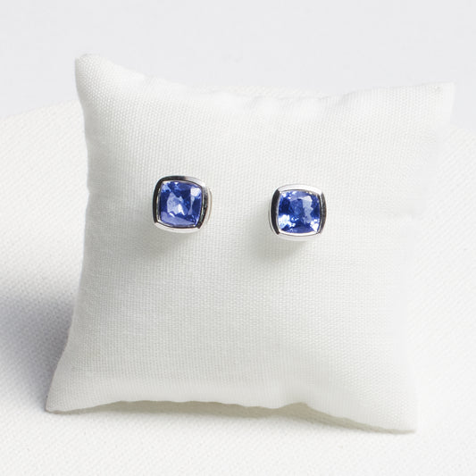 Cushion Tanzanite Bezel Stud Earrings · 2.4ct · Silver