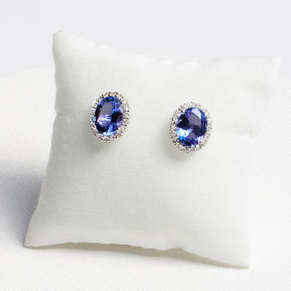 Oval Tanzanite Stud Earrings with Diamond Halo · 3.85ct · 18K White Gold