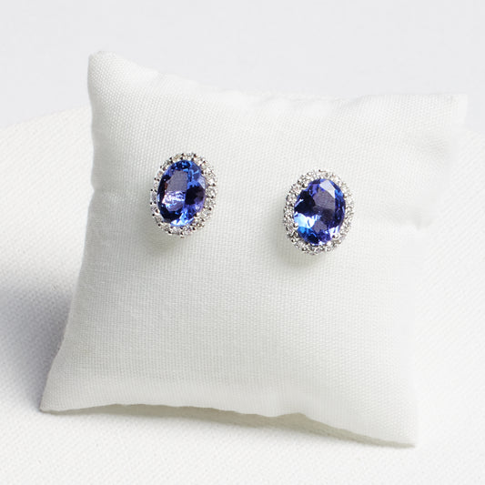 Oval Tanzanite Stud Earrings with Diamond Halo · 3.85ct · 18K White Gold