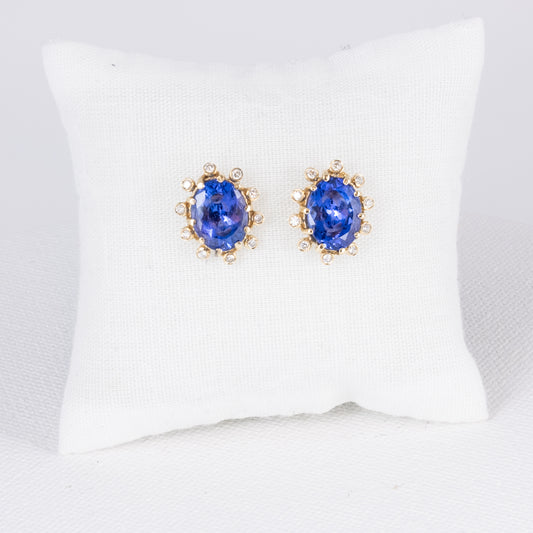 Oval Tanzanite Flower Stud Earrings with Diamond Accents · 3.58ct · 14K Yellow Gold