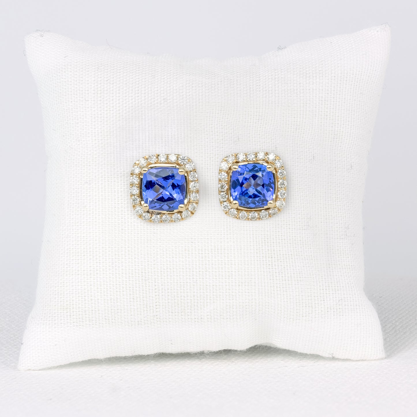 Cushion Tanzanite Stud Earrings with Diamond Halo · 1.3ct · 10K Yellow Gold