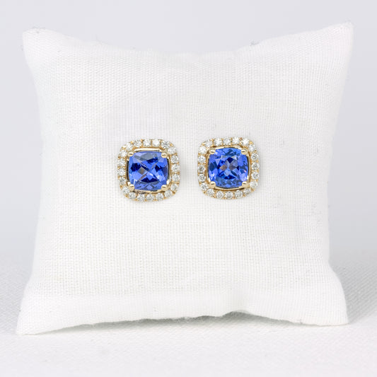 Cushion Tanzanite Stud Earrings with Diamond Halo · 1.3ct · 10K Yellow Gold