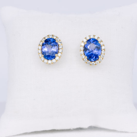 Oval Tanzanite Stud Earrings with Diamond Halo · 2.34ct · 14K Yellow Gold