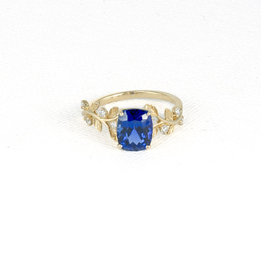 Elongated Cushion Tanzanite Ring with Diamond Accents · 2.25ct · 14K Yellow Gold