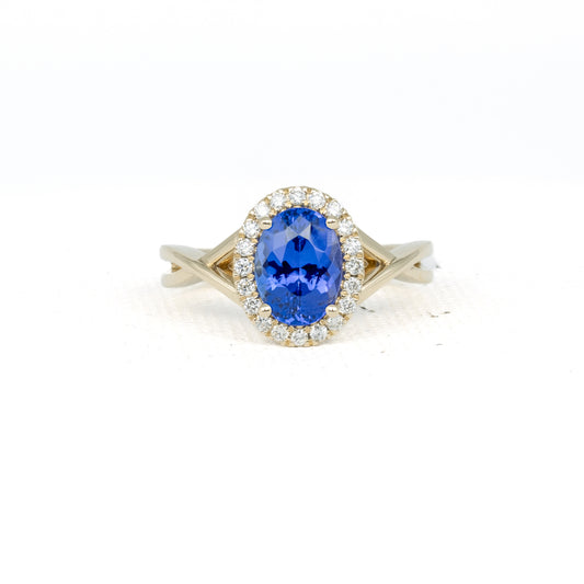 Oval Tanzanite Ring with Diamond Halo · 1.82ct · 14K Yellow Gold