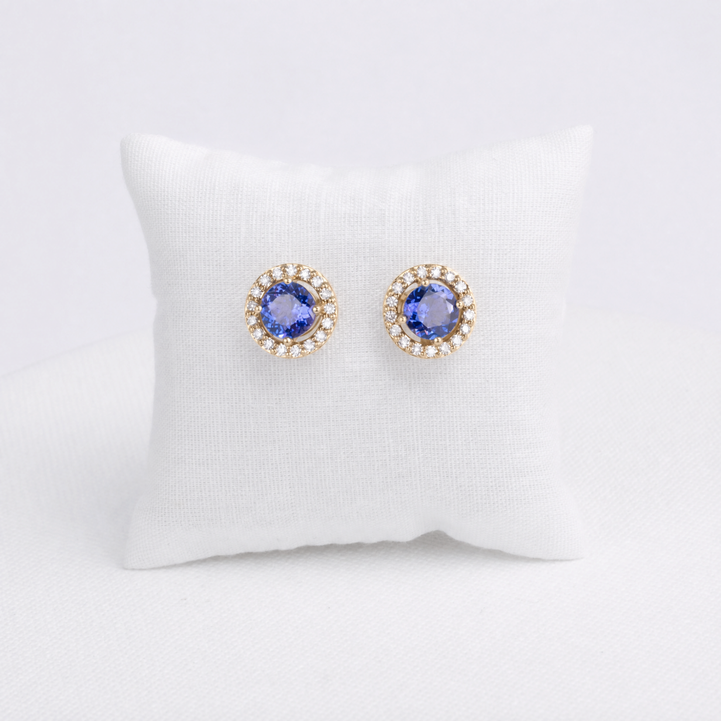 Round Tanzanite Stud Earrings with Diamond Halo · 1.78ct · 18K Yellow Gold