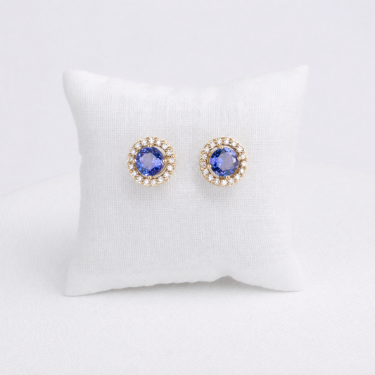 Round Tanzanite Stud Earrings with Diamond Halo · 1.78ct · 18K Yellow Gold